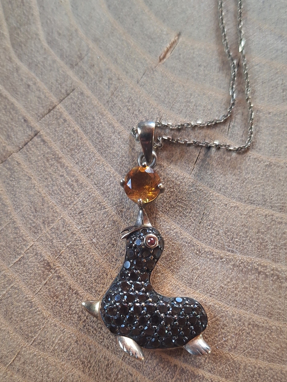 Vintage Sterling Silver Pave Seal Pendant And Sterling Necklace (Signed) ATR